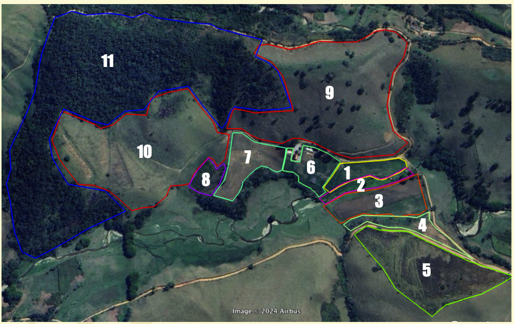 Mapa aéreo das áreas planejadas para integração agroflorestal e pecuária.